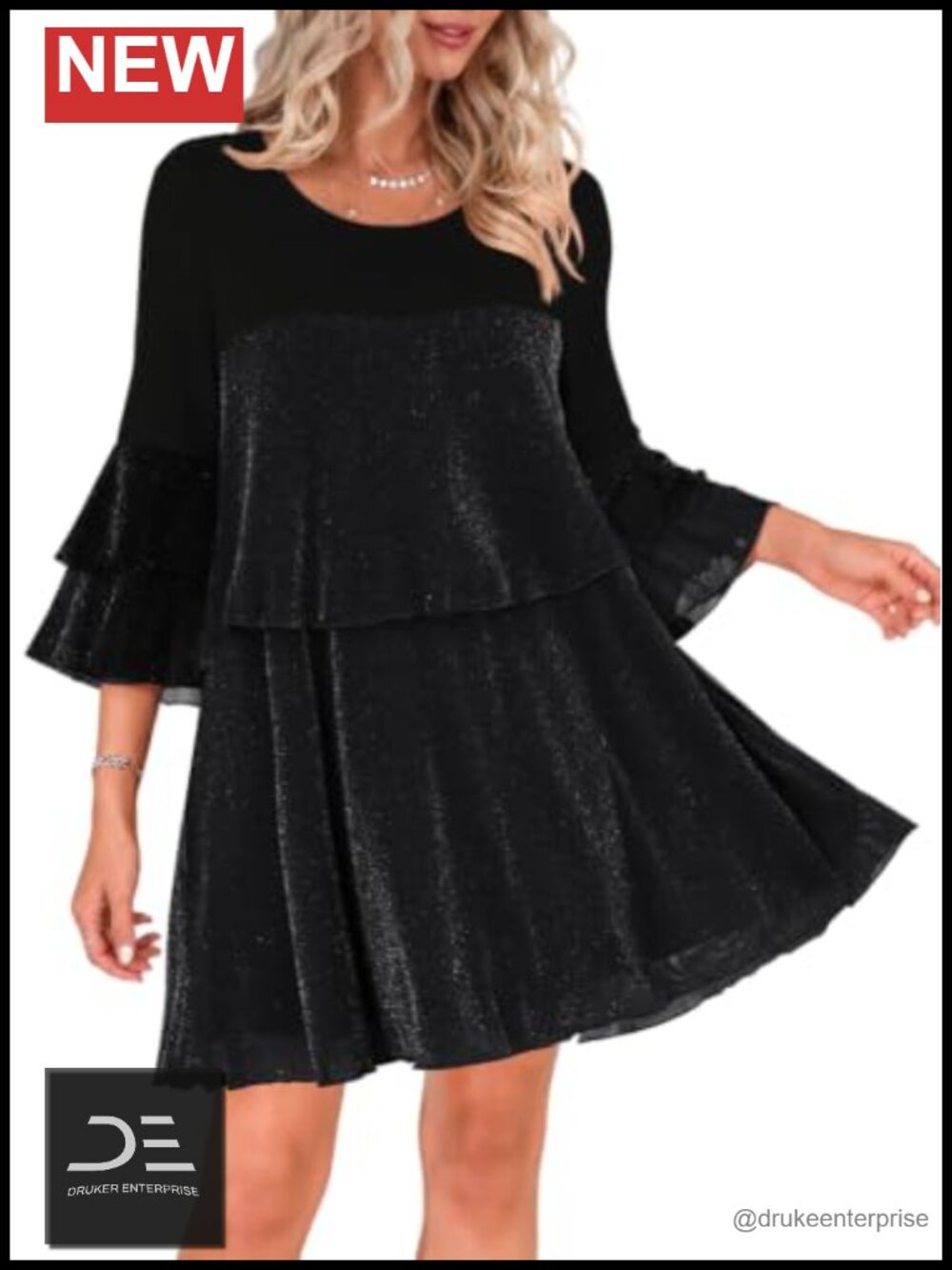 Sparkly Glitter Cocktail Dress 3/4 Ruffle Sleeve A-Line Elegant